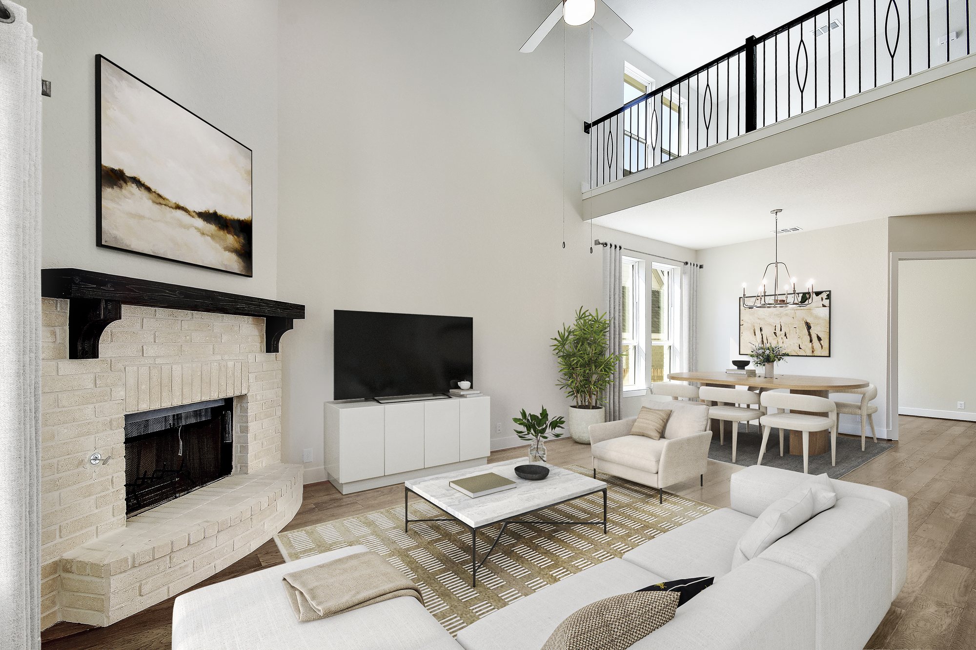 A Highland Homes family room staged by Bella Virtual