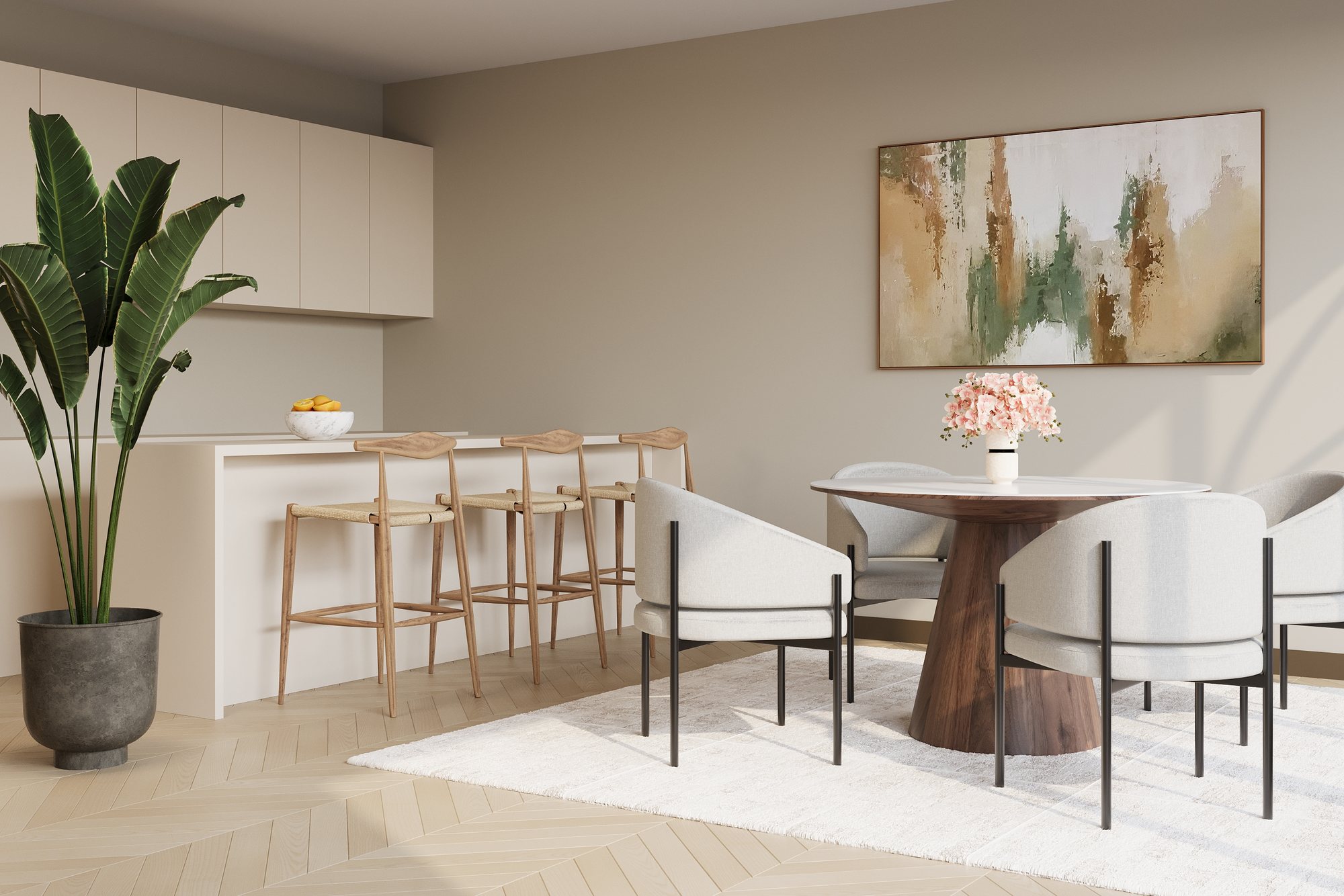 A dining set modelled in 3D and styled in a room by Bella Virtual