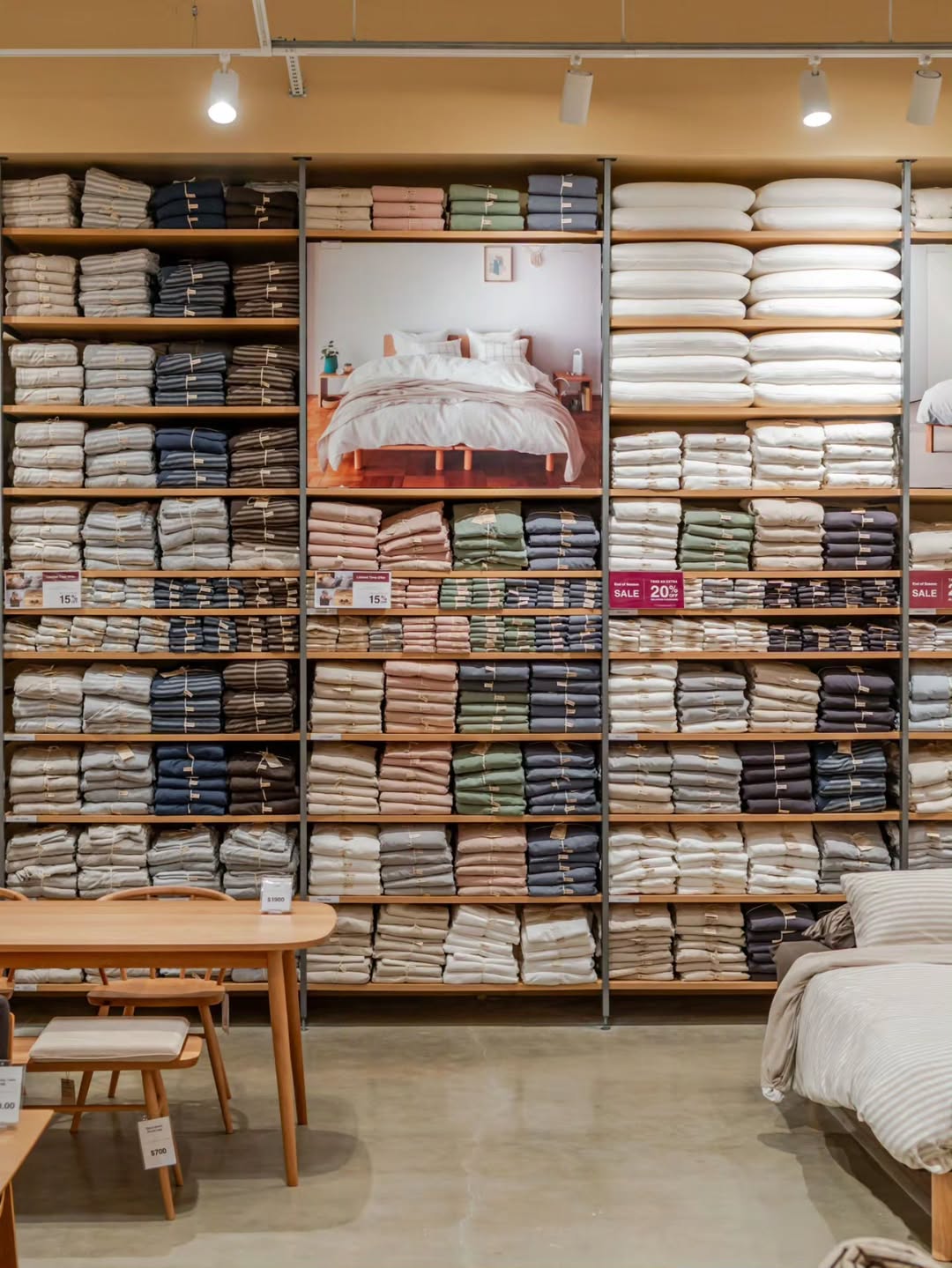 Floor-to-ceiling shelves of folded clothing beside a bedding display